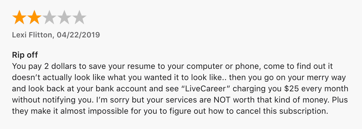 2-star LiveCareer Apple App Store review
