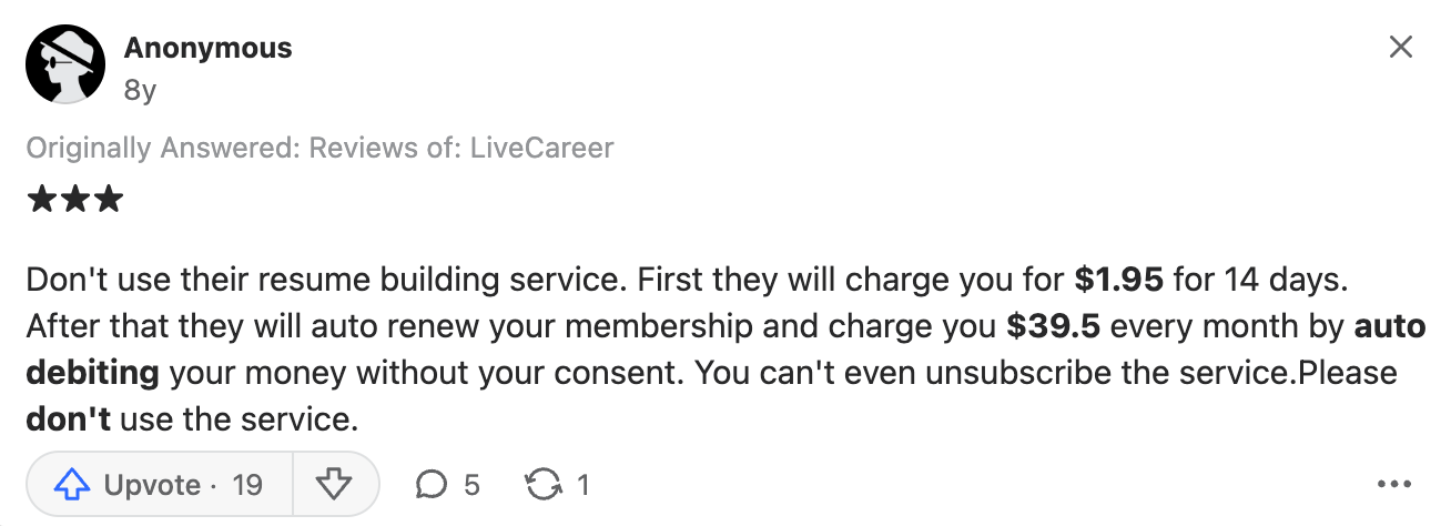 3-star LiveCareer Quora review