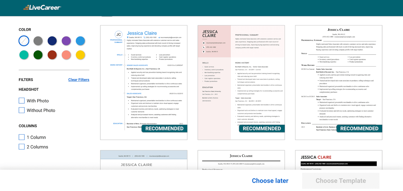 LiveCareer resume templates