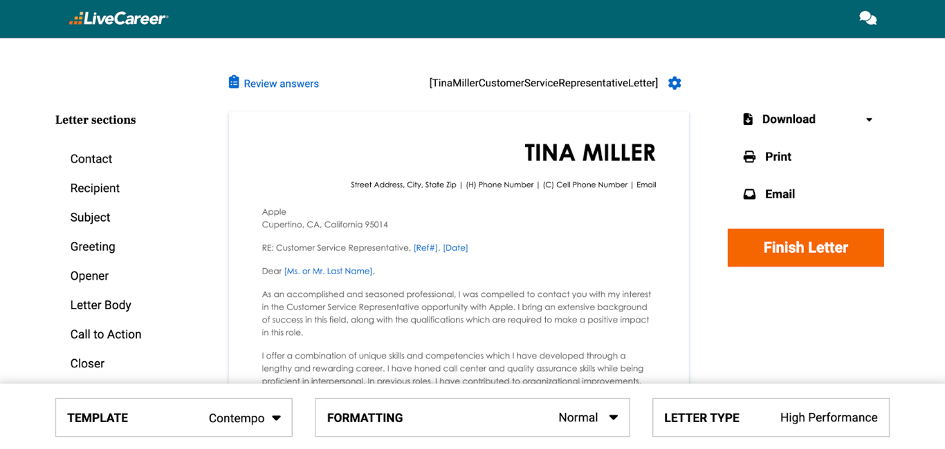 LiveCareer cover letter builder