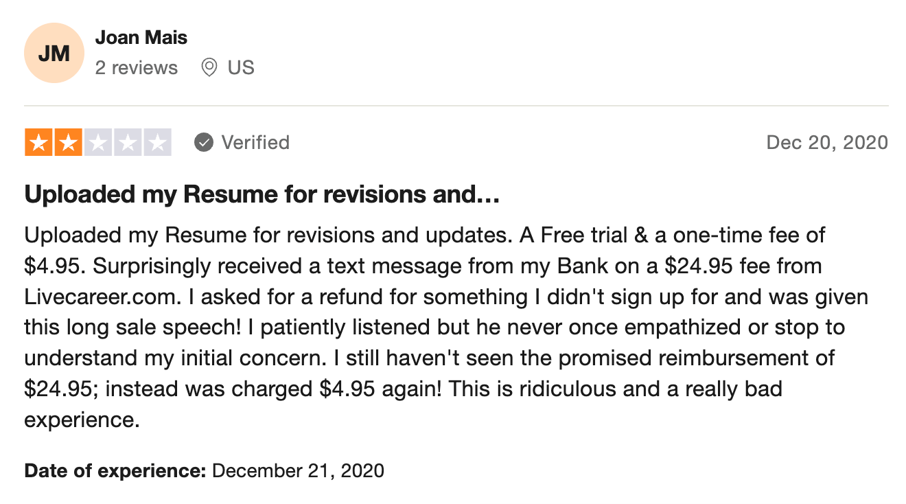 2-star LiveCareer review on TrustPilot