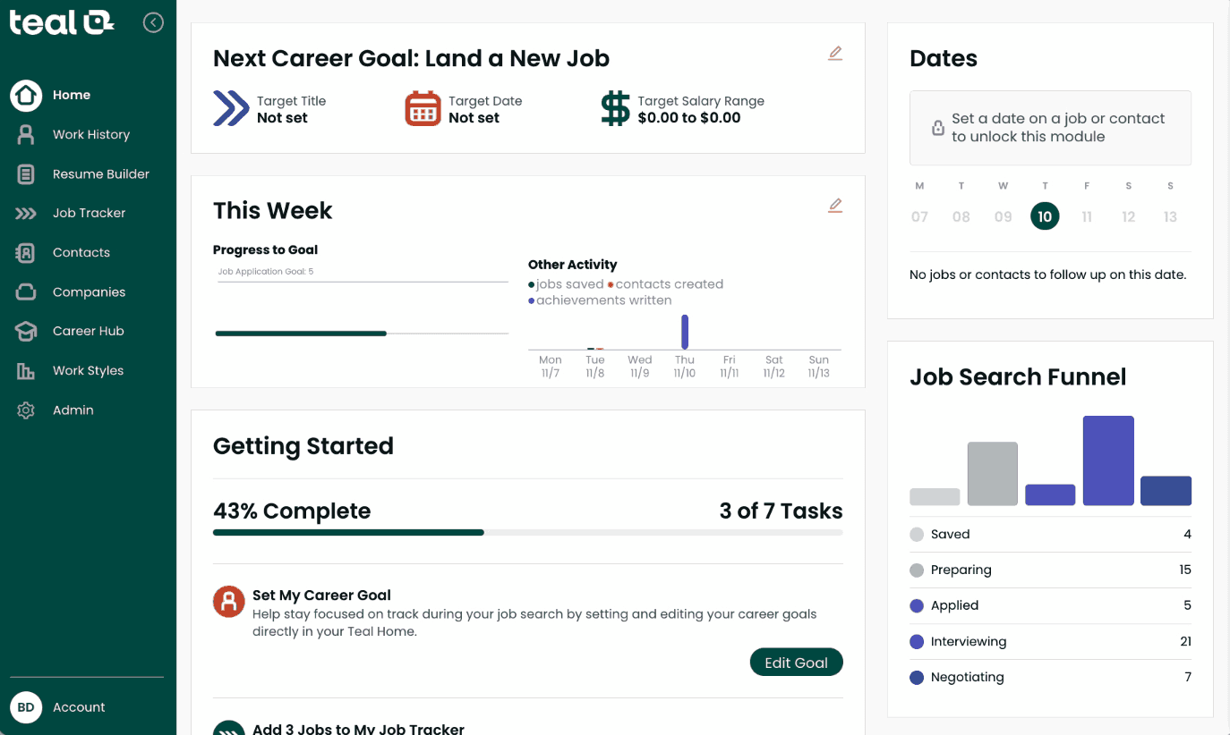 Index and update details about your entire career history in Teal's Work History.