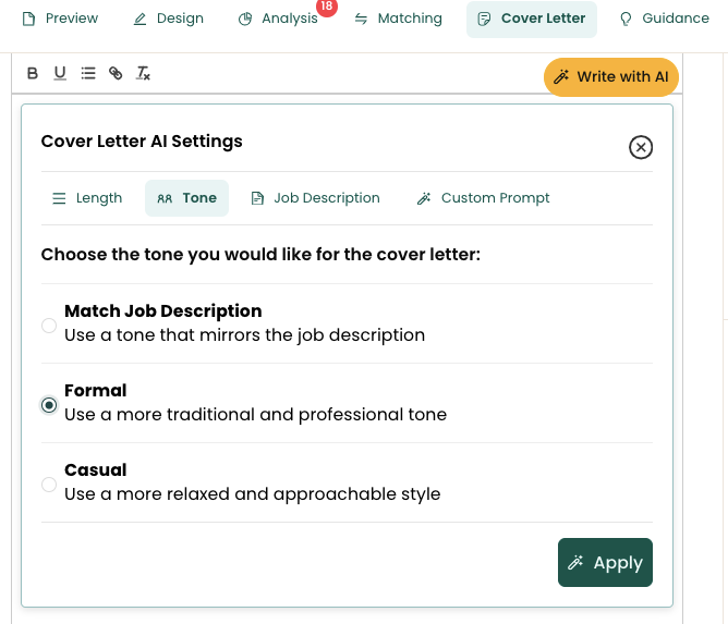 Teal's Cover Letter AI settings