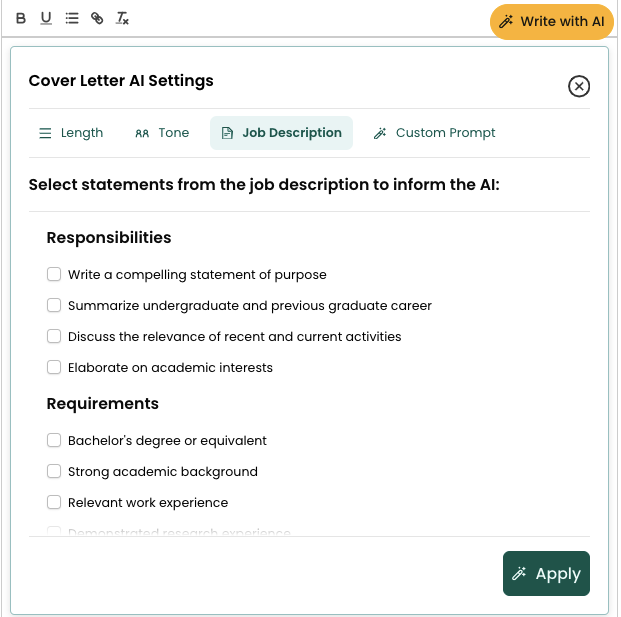 A screenshot of Teal's Cover Letter Job feature after the job description has been imported