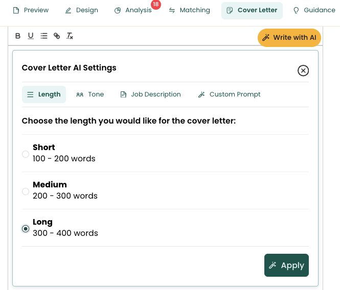 A cover letter can be up to 400 words, while motivation letters can be longer