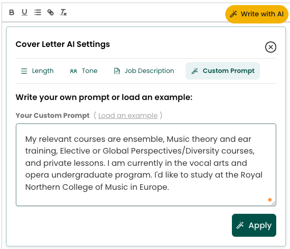 Add a custom prompt to Teal's cover letter generator to add details