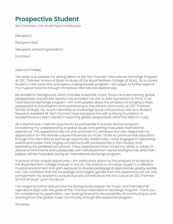 Example of a letter from a prospective student for an international exchange program