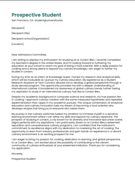 Sample letter for a culinary student application