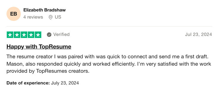 5-star TopResume review on TrustPilot