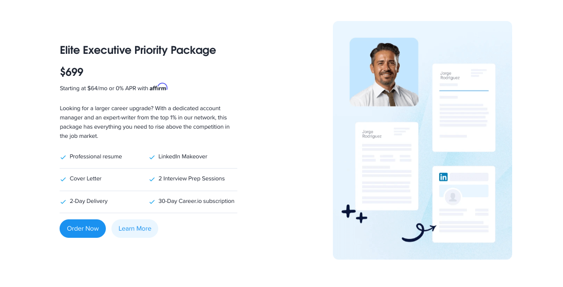 TopResume's Elite Executive Priority Package web page.