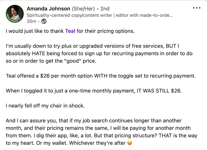 Review of Teal pricing on LinkedIn