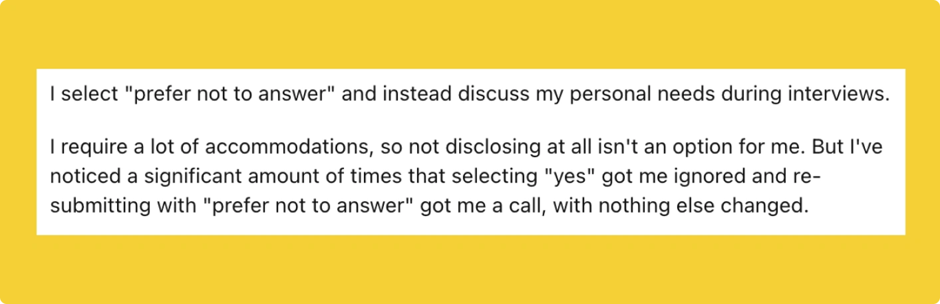 Reddit comment voicing their preference for "prefer not to answer" on disability forms during the job search
