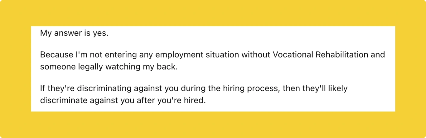 Reddit comment screenshot regarding the legal benefits of disclosing a disability on an application