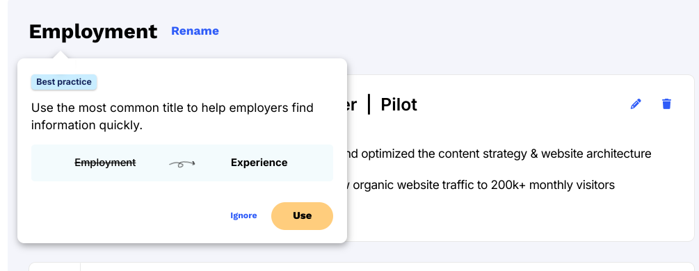 Screenshot showing AI suggestions to help improve success rates on the job market.