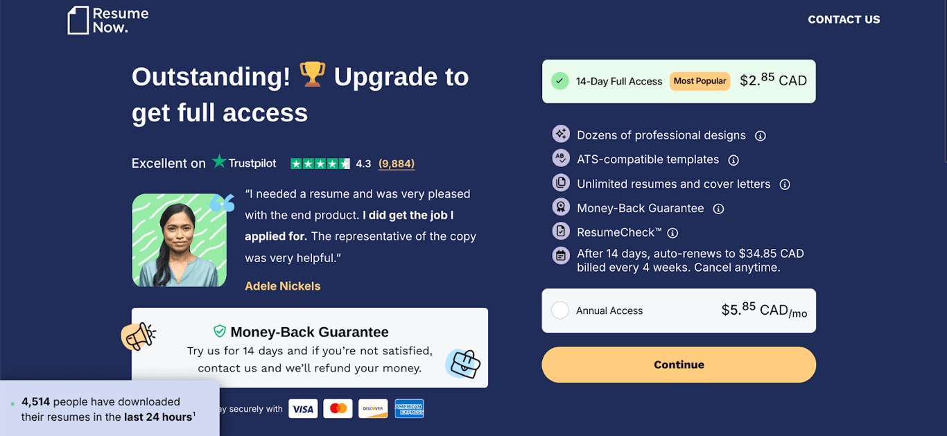 Resume Now's pricing page on their website