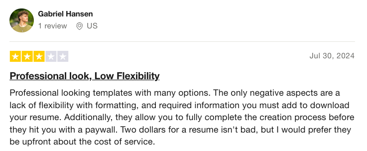 3-star Trustpilot review on Resume Now
