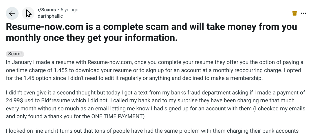 Negative Resume Now review on Reddit
