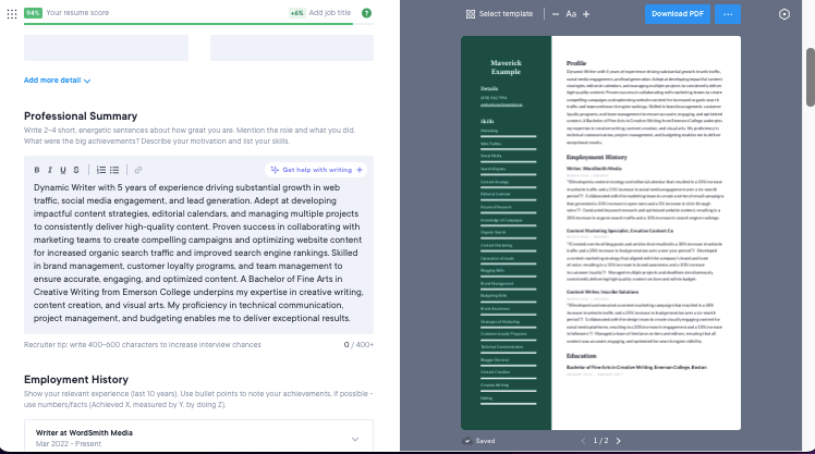 Inside the builder: the AI tool crafted a professional summary based on the resume