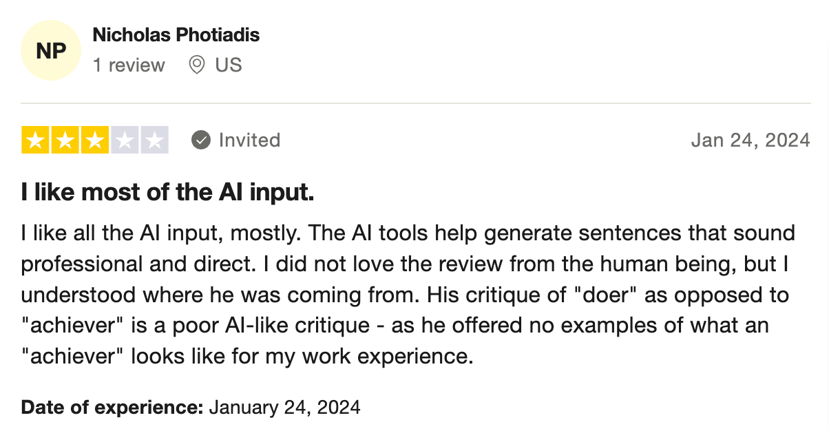 This three star review appreciated the AI input but didn’t like the AI-like resume review that described him as a “doer” vs. an “achiever”