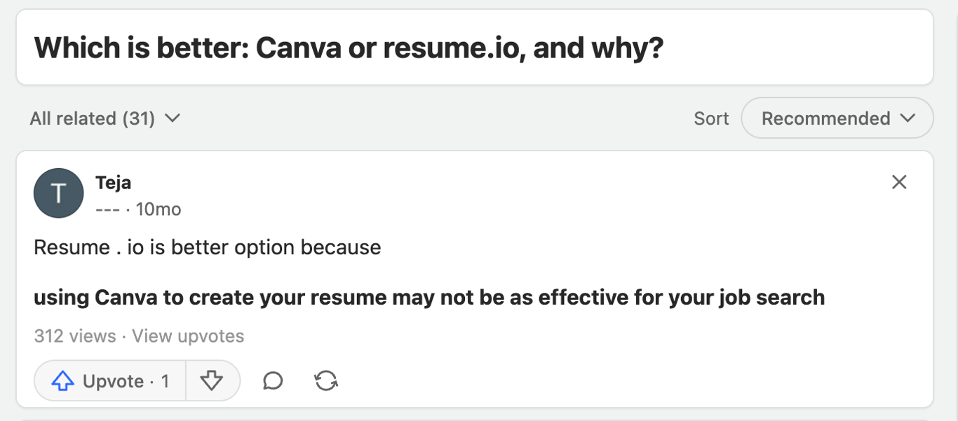 Which is better: Canva or Resume.io? Comment recommends Resume.io as more effective.