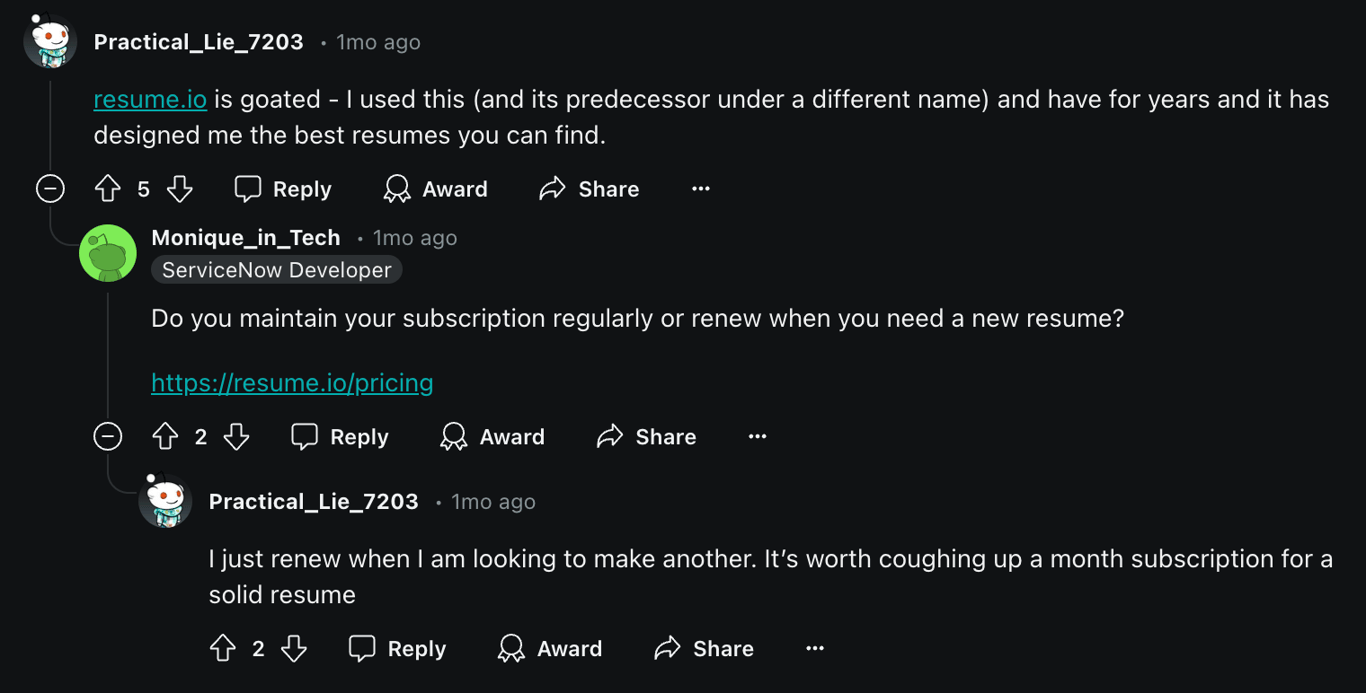 This Reddit user thinks a solid resume is worth the occasional one month subscription price 
