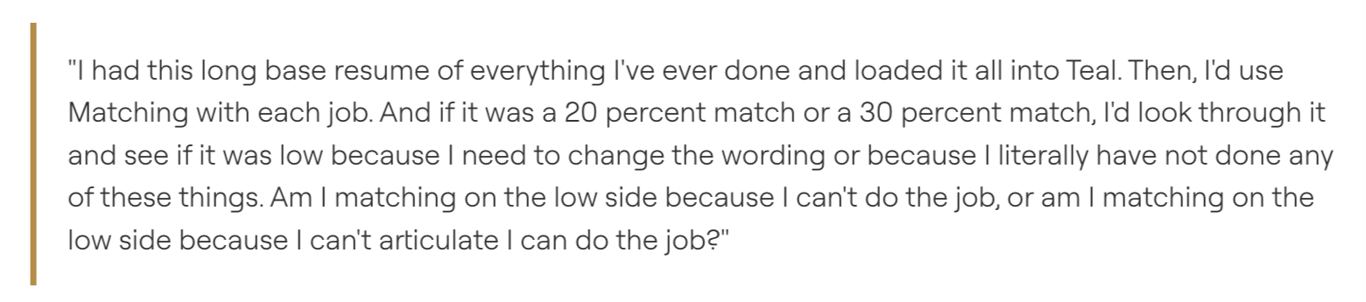 Ashleigh’s Teal story shows how she used Teal’s Match score before submitting a job application to start getting interviews