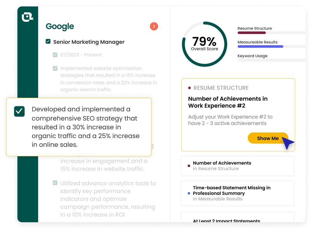 AI resume builder to analyze your resume showing score and AI-generated recommendations to improve format and content