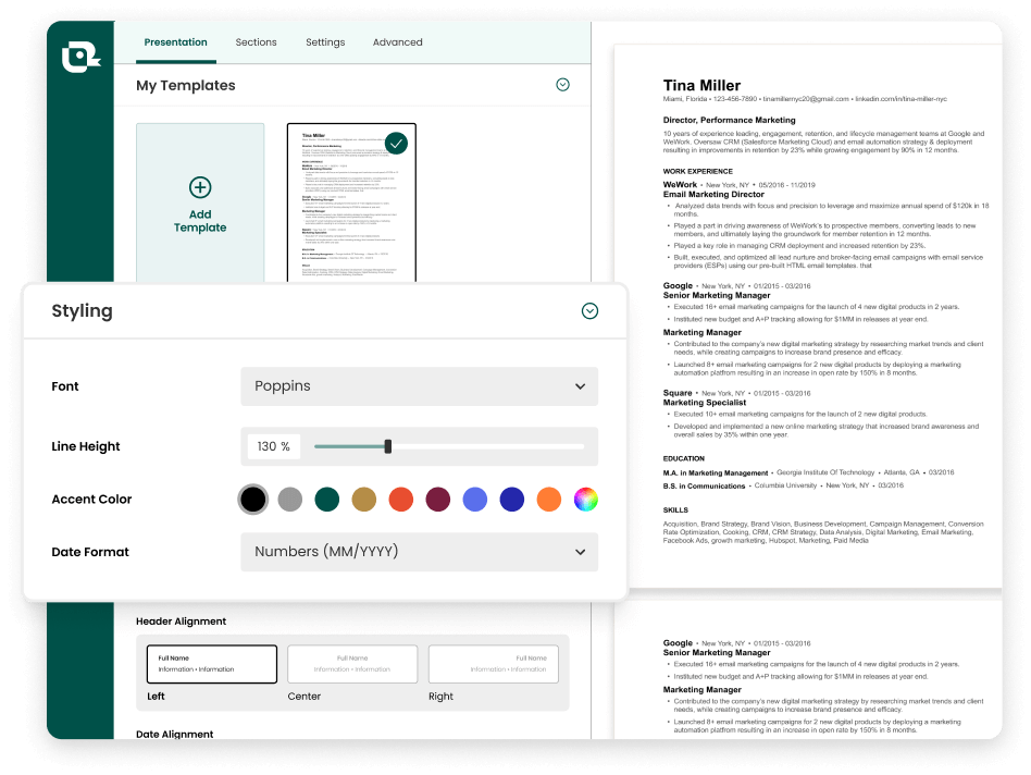 ATS-friendly AI resume builder with customizable templates, fonts, layout, and spacing to create ATS-friendly resumes
