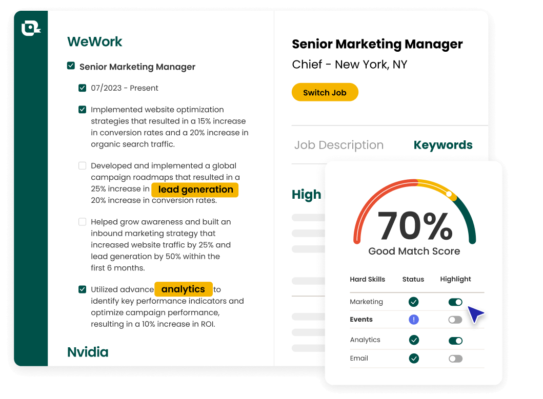 AI resume builder based on job description with keyword matching and personalized match score