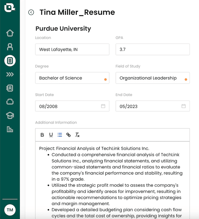 A screenshot of adding a project in a resume education section in Teal