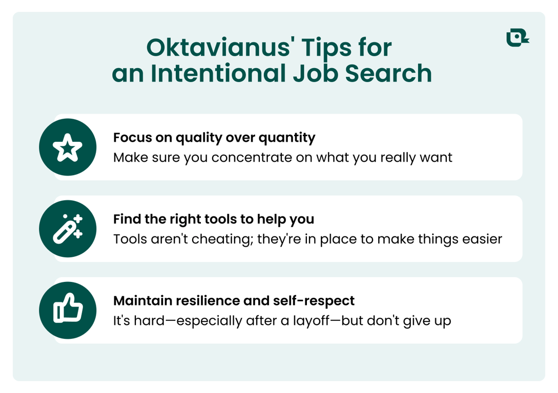 A graphic of tips for an intentional tech job search