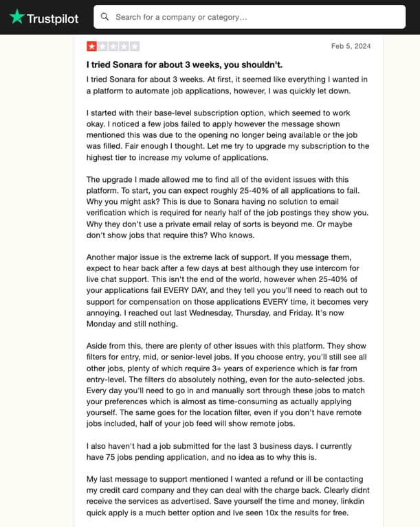 A screenshot of a Sonara review