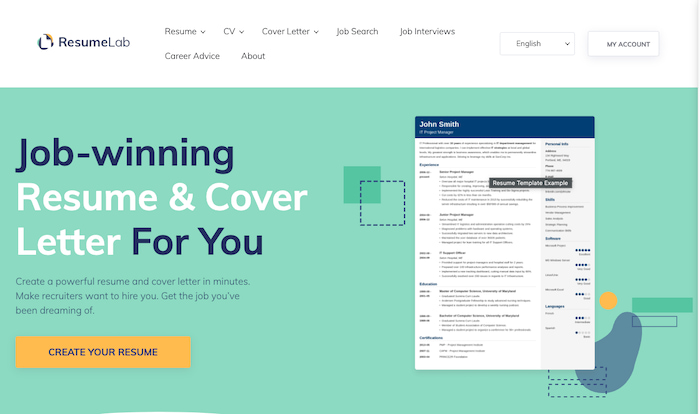 A screenshot of ResumeLab's homepage