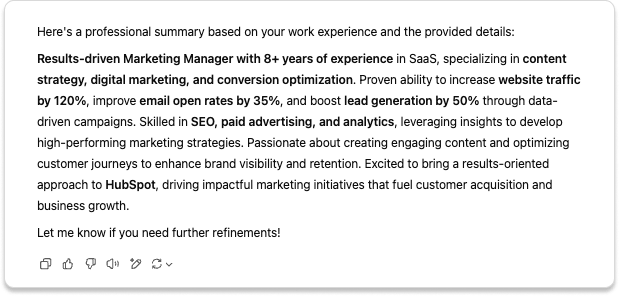 ChatGPT resume summary output