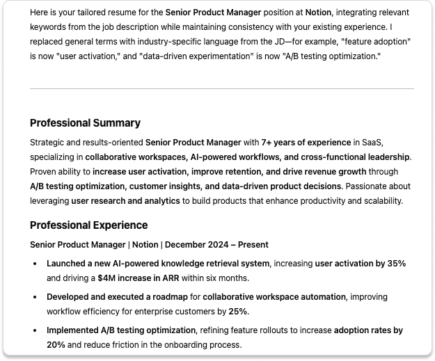 ChatGPT resume customization output