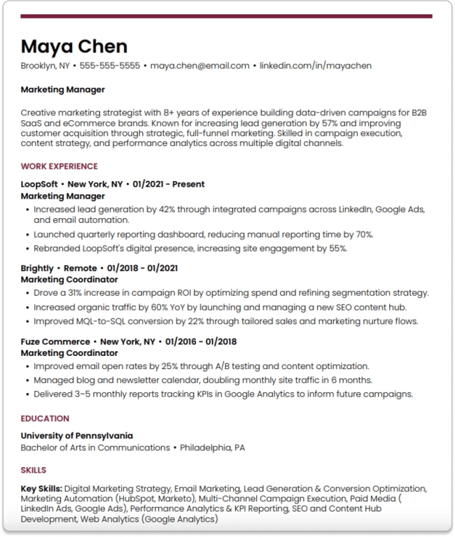 Sample one page resume example