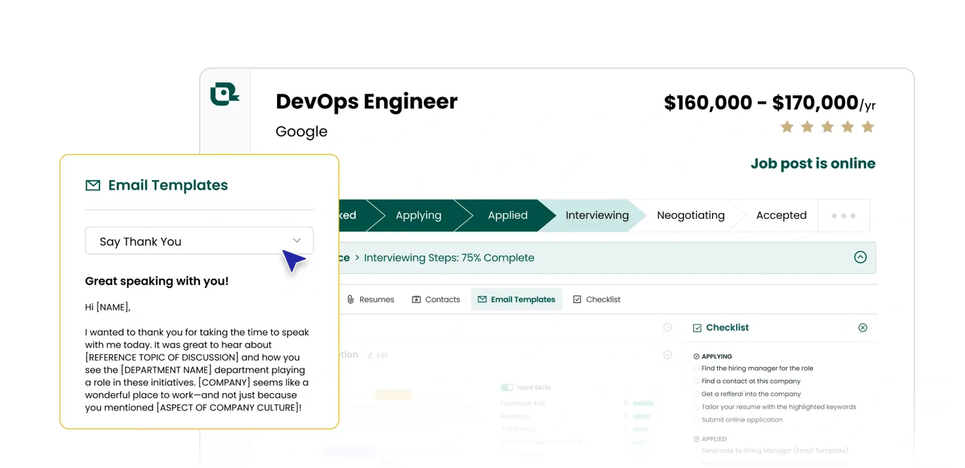 A job saved in Teal's Job Tracker at the Interviewing stage, with an email template open beside it