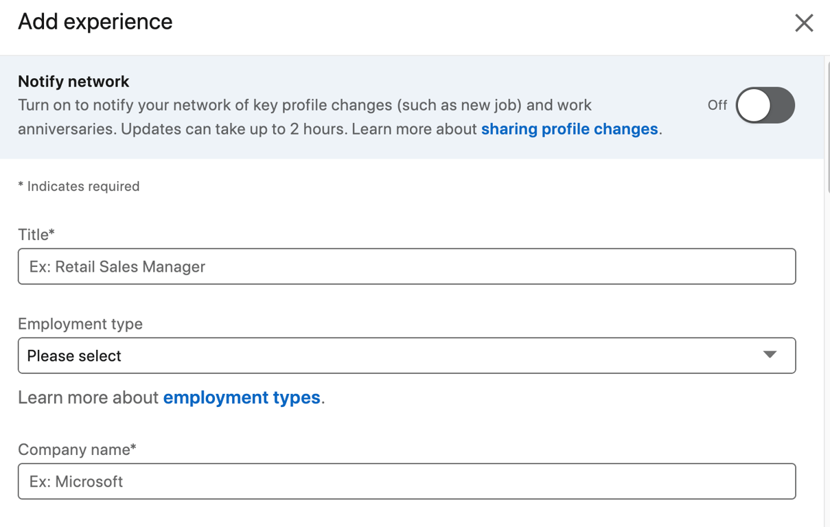 A screenshot of how to add work experience on LinkedIn 