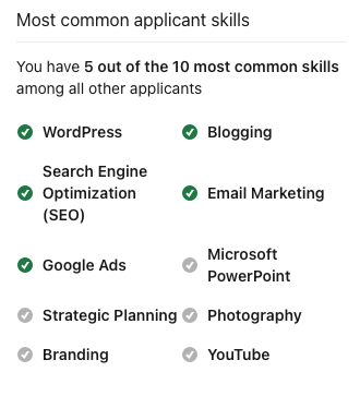 LinkedIn applicant skills listingi