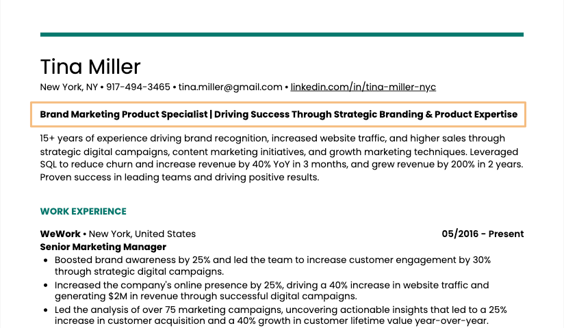 A resume title with a corresponding headline
