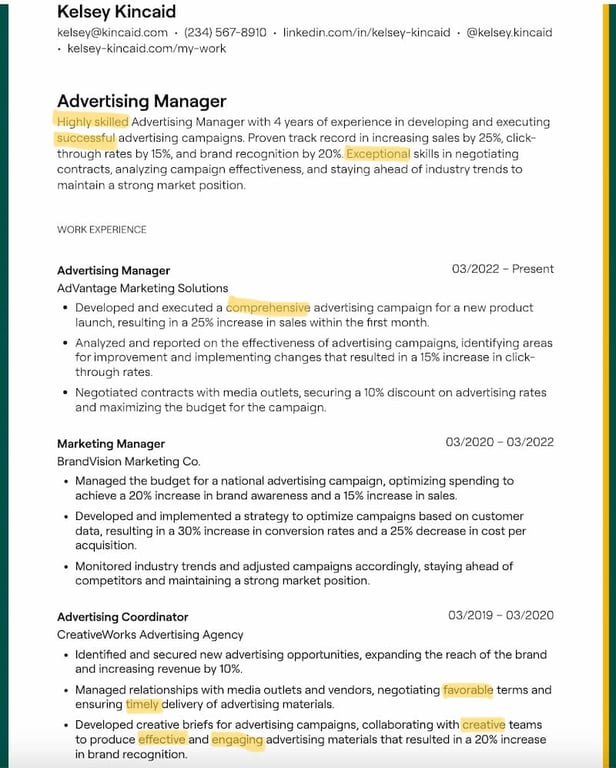 Highlighted adjectives in a resume