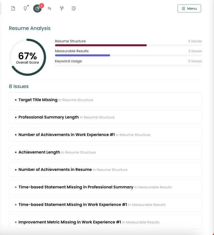 Teal's AI Resume Builder Resume Analysis 