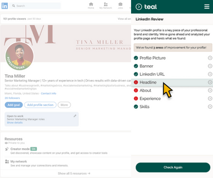 Teal's LinkedIn Profile Review tool providing suggestions for how to optimize a profile 