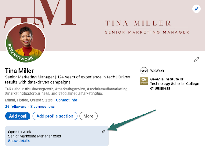 Edit LinkedIn Open to work 