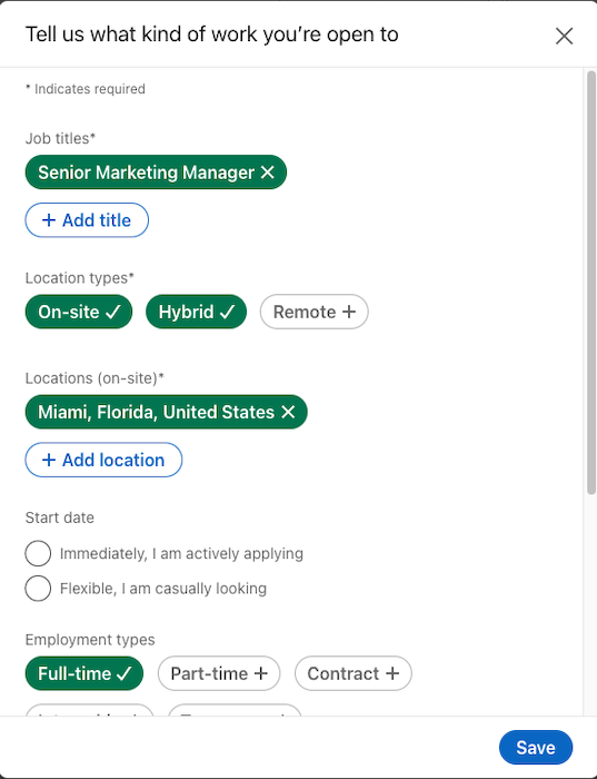 LinkedIn Open to work preferences