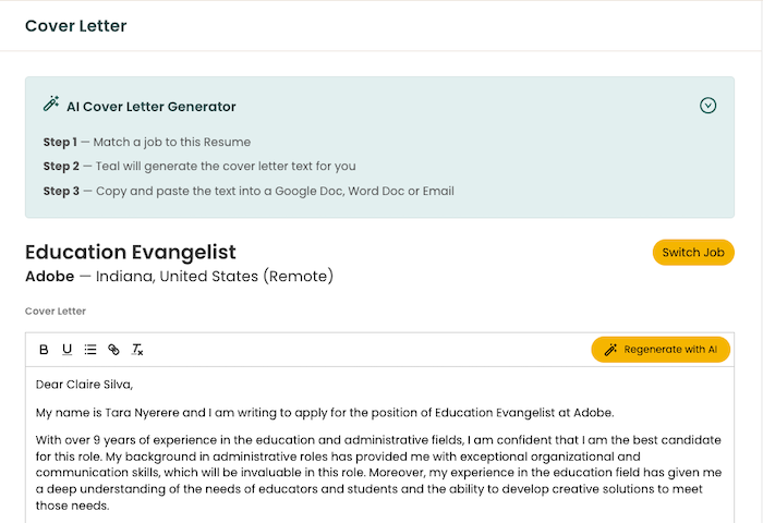 An AI tool writing a cover letter similar to writing a Gemini resume and cover letter