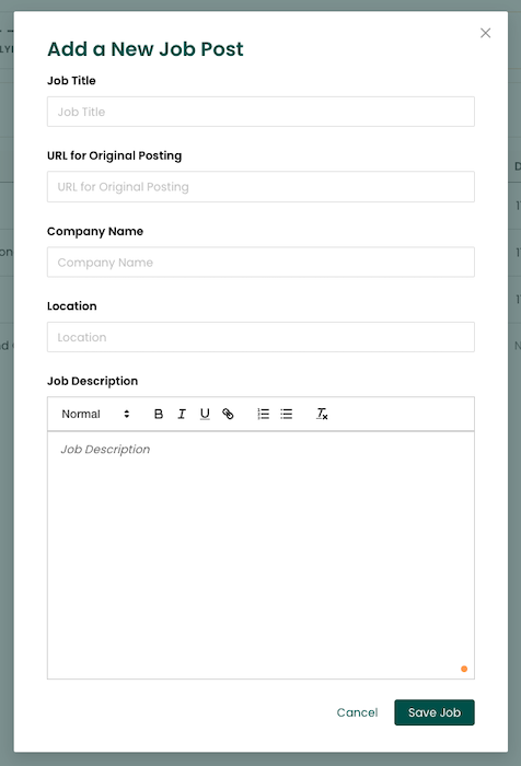  A screenshot of Teal's Job Application Tracker with various text fields for entering job details