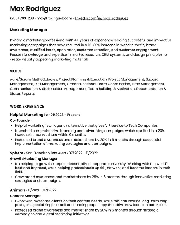 Example combination resume for a marketing manager