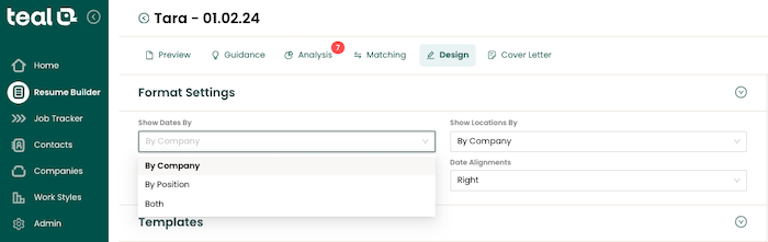 A screenshot of Teal's Resume Builder foratting multiple positions at the same company on a resume by company
