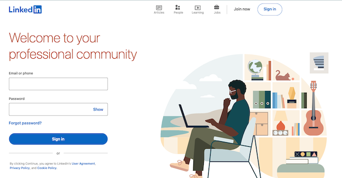 A screenshot of the LinkedIn homepage